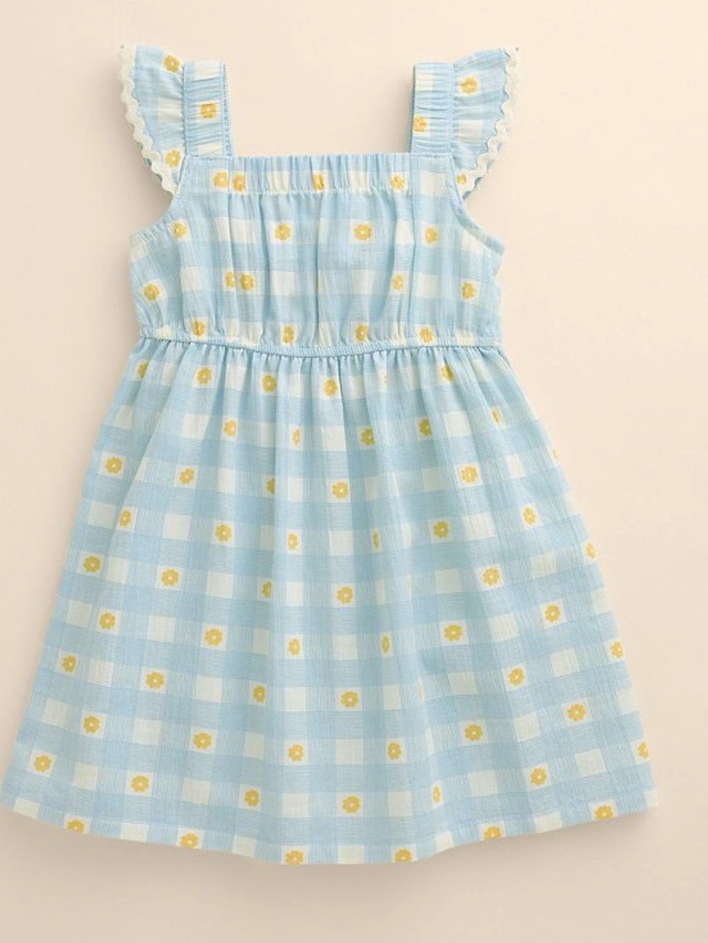 Girls' Light Blue Gingham Dress with Yellow Floral Print